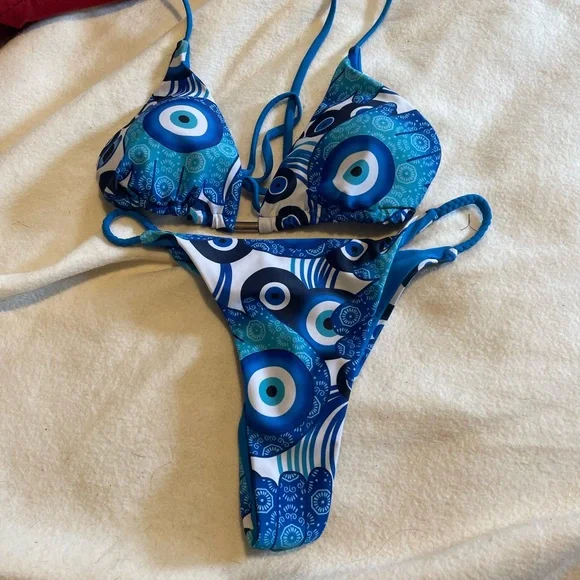 Blue Evil Eye Patterned Women's Bikini Set - Picture 1 of 9